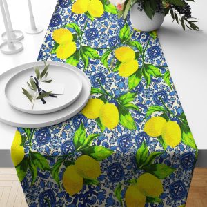 Ptextil - Тишлайфери гръцки лимони на син фон, тишлайфер, дизайн