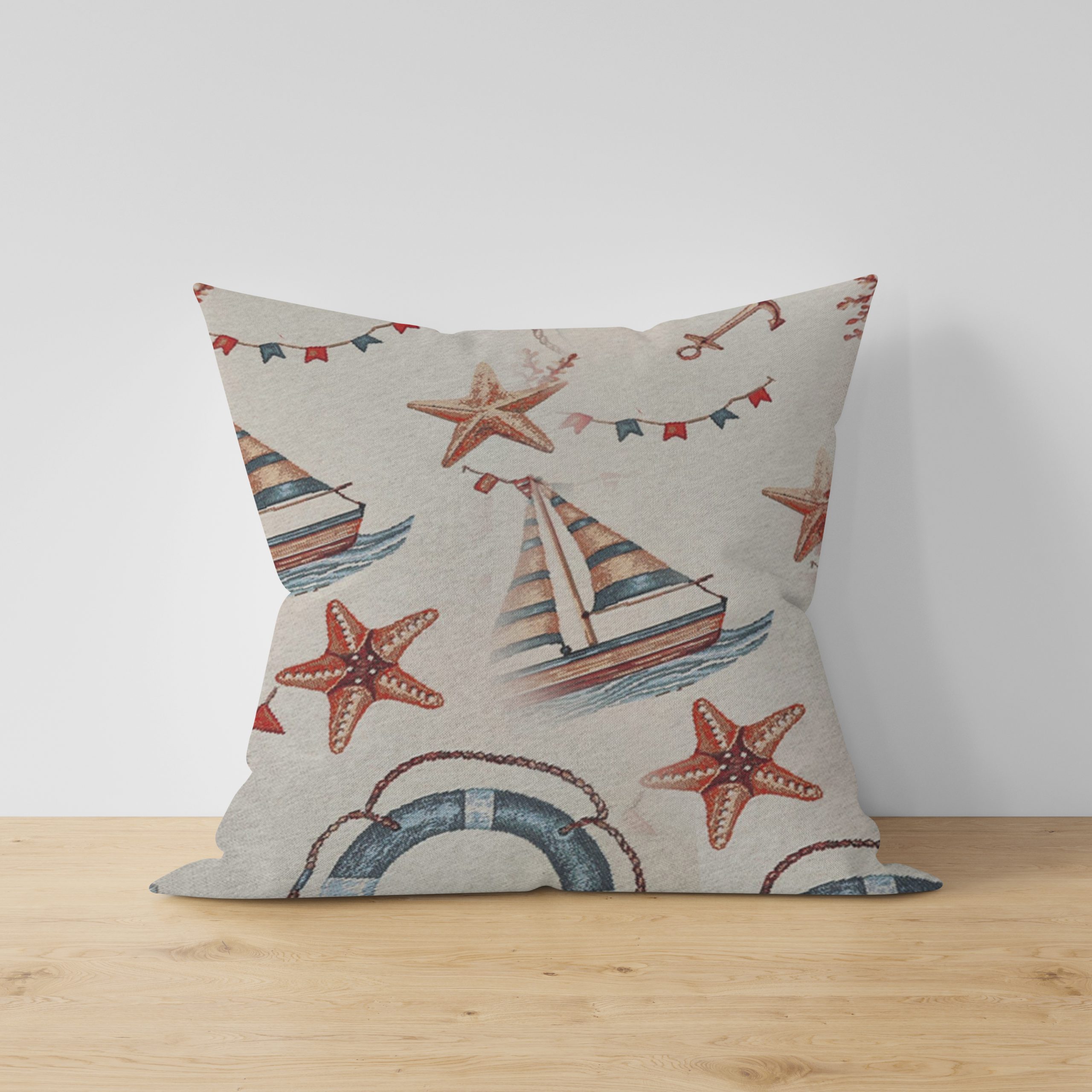 Ptextil - Жакардова декоративна калъфка "Корабчета" 45х45 см. жакардова декоративна калъфка за възглавница с кораби и морски мотиви, жакард, 45x45 см