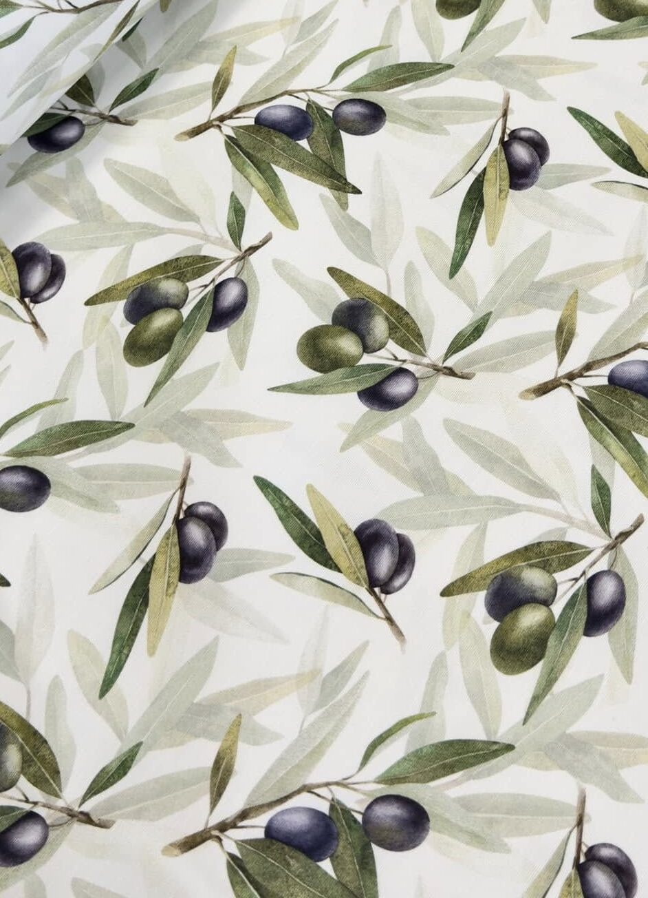 Ptextil - Хидрофобирана покривка "Гръцки маслини" покривка маслинова клонка с три маслинки